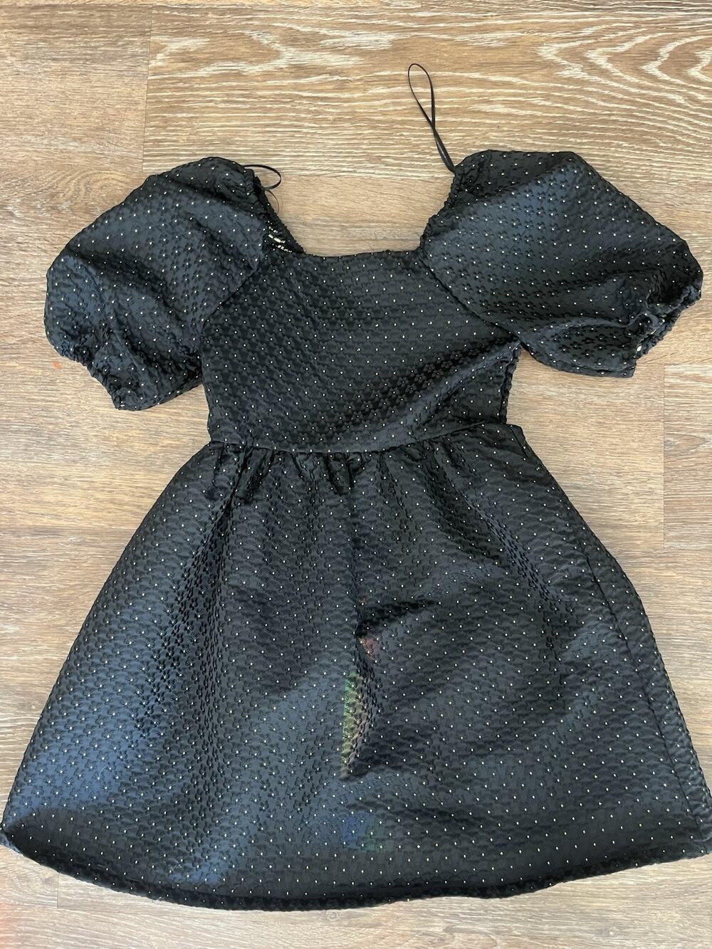 Copper Key Black Textured Puff Sleeve Dress Girls M 8 Gold Dot Smocked Party